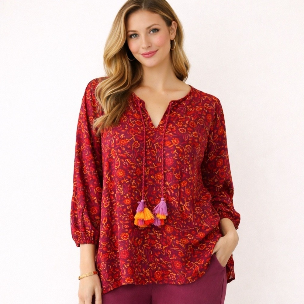 Matilda Jane Coral Reef Medallion Blouse L Floral Tassel Tie 3/4 Sleeve Cotton